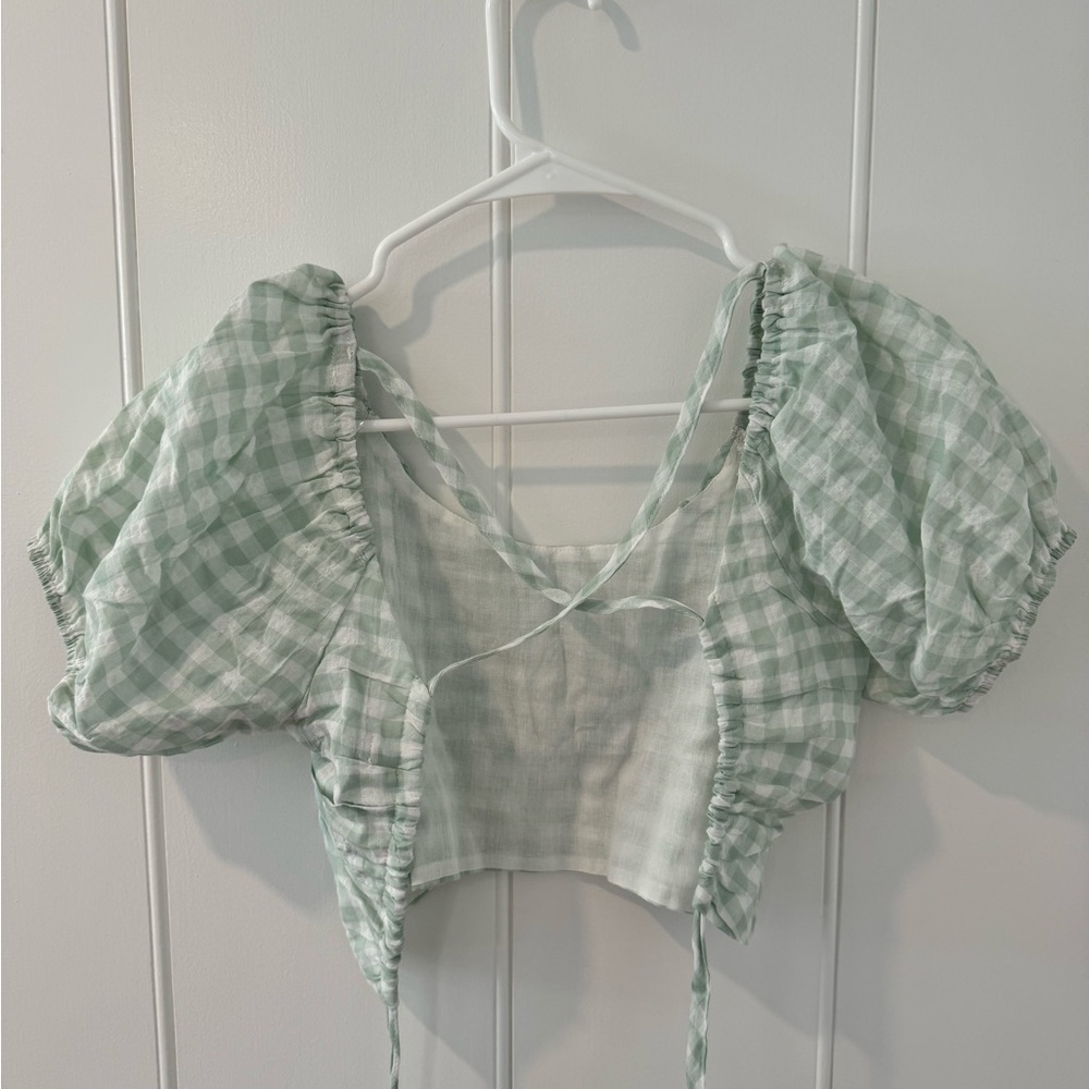 Gingham Peplum Cropped Sage Green & White Top